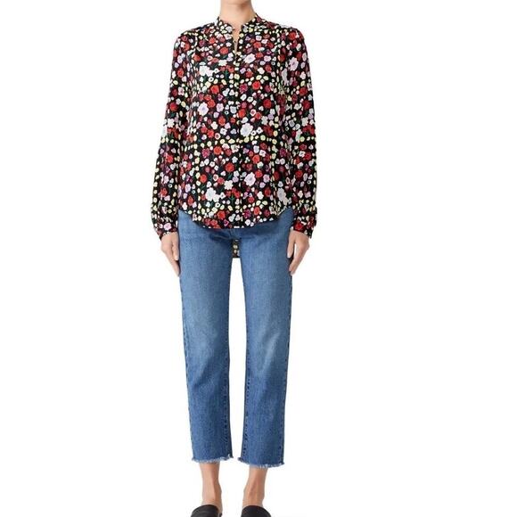 Equipment Femme Women's Black Floral 100% Silk Button Down Shirt Top Size Large - Picture 1 of 7